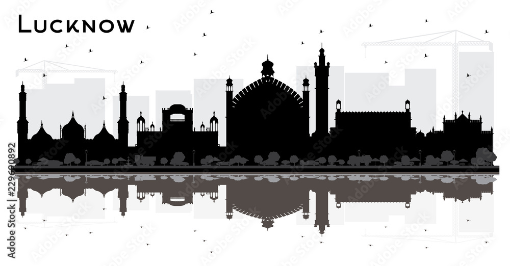 Lucknow India City Skyline Silhouette with Black Buildings and Reflections.