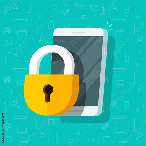 Mobile phone with lock vector illustration, flat cartoon locked smartphone via padlock guard, concept of security or privacy, cellphone protection technology, safe authorization, prohibited access