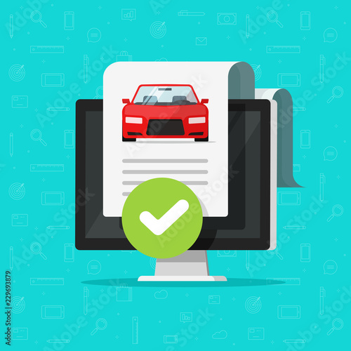 Car history check or report document approved on computer vector, good vehicle electronic diagnostic or automobile monitoring service passed, flat cartoon auto test with checkmark or tick on pc