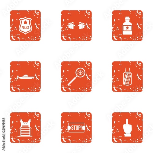 Police stop icons set. Grunge set of 9 police stop vector icons for web isolated on white background