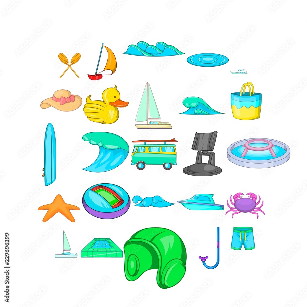Naklejka premium Water safety icons set. Cartoon set of 25 water safety vector icons for web isolated on white background