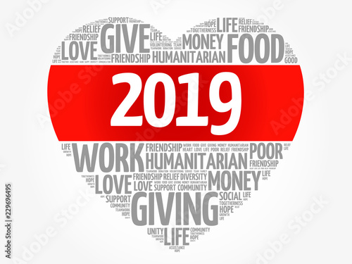 2019 heart word cloud collage, help concept background