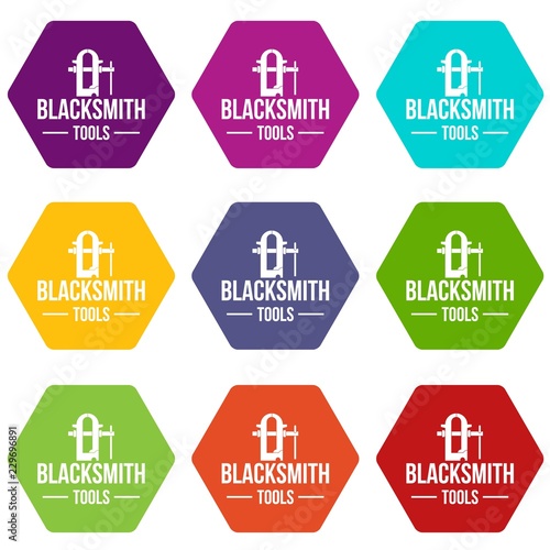 Blacksmith tool icons 9 set coloful isolated on white for web
