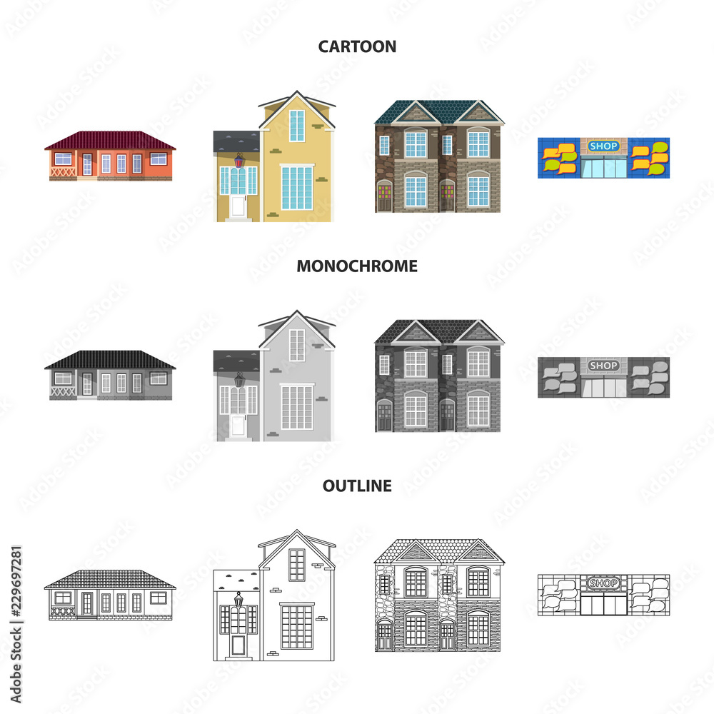 Vector illustration of building and front logo. Set of building and roof vector icon for stock.
