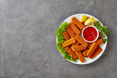Photography overhead view of crumbed fish sticks