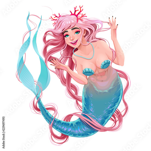 Smiling mermaid with long hair