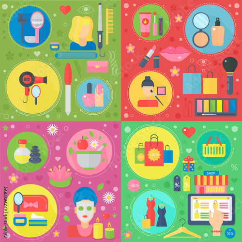 Set of vector flat design concepts icons of beauty, fashion, cosmetics and shopping.