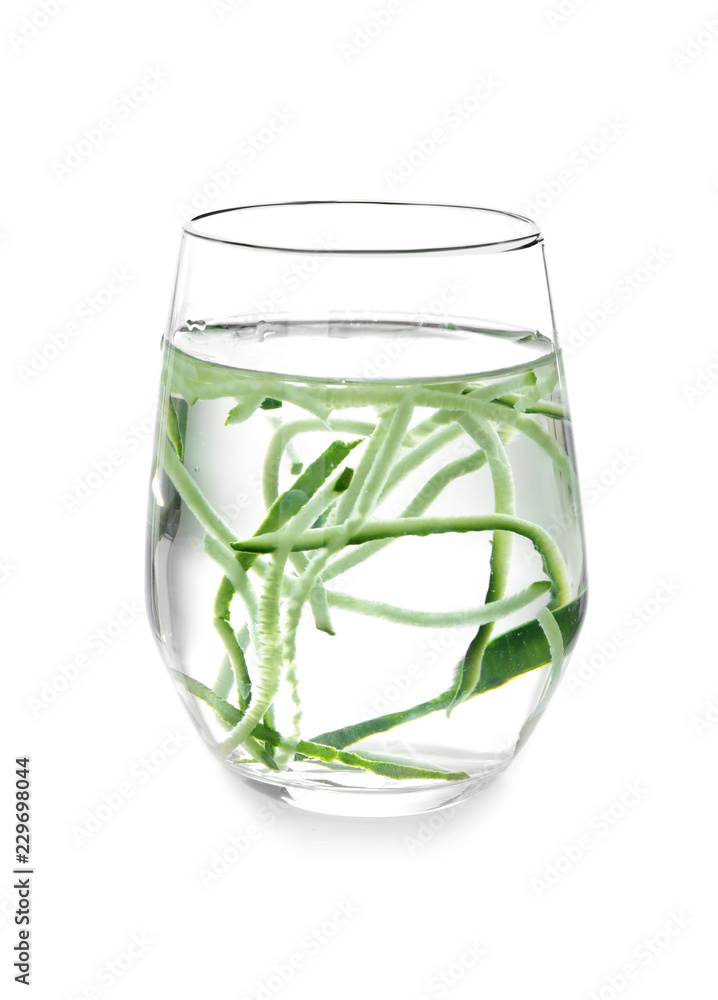 Glass of fresh cucumber water on white background Glass of fresh cucumber water on white background