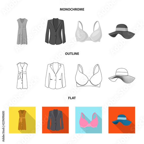 Vector illustration of woman and clothing sign. Collection of woman and wear stock symbol for web.