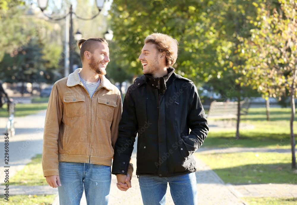 Fototapeta premium Happy gay couple walking in park