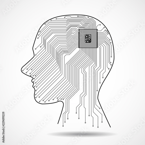 Abstract human head with cpu, circuit board