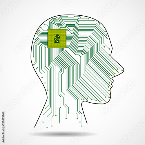 Abstract human head with cpu, circuit board
