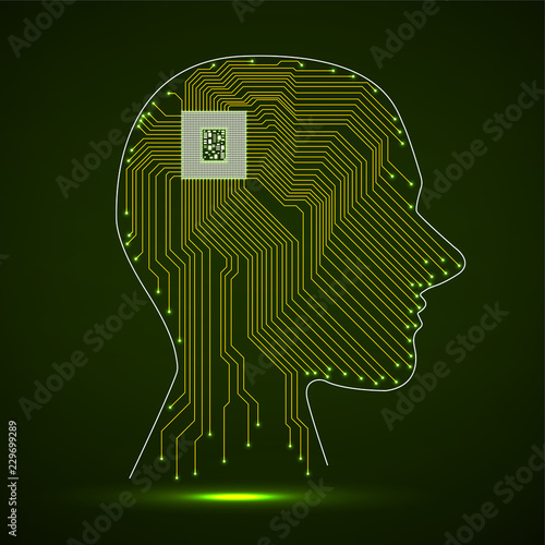 Abstract neon human head with cpu, circuit board