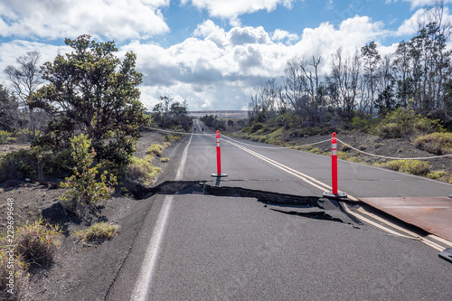 Cracks and damages on the road, following earthquakes caused by eruption of Kīlauea volcano in 2018, Volcano National Park, Hawai’i