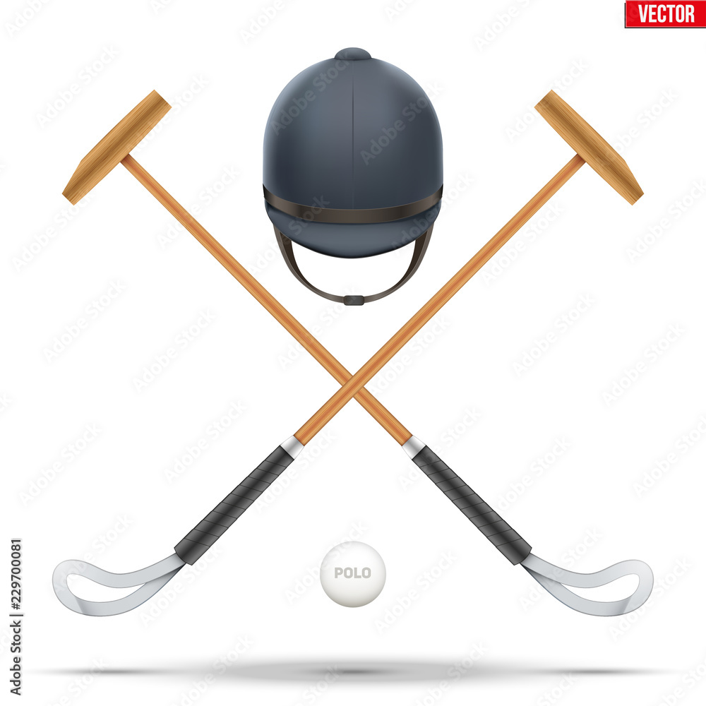 Vecteur Stock Polo mallet with horseman helmet and ball. Wood mallet  equipment for horserider. Symbol of polo sport game. Vector illustration  isolated on background. | Adobe Stock