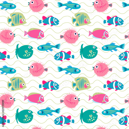 Cute seamless texture with different tropical fish