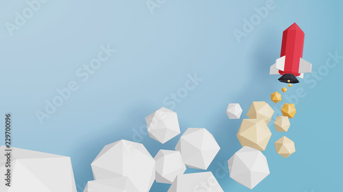 Rocket launch in the sky on a blue background with copy space, Easy to use by print a special offer or add your own logo, images, and text, whatever you want, Paper art style, 3D rendering design.