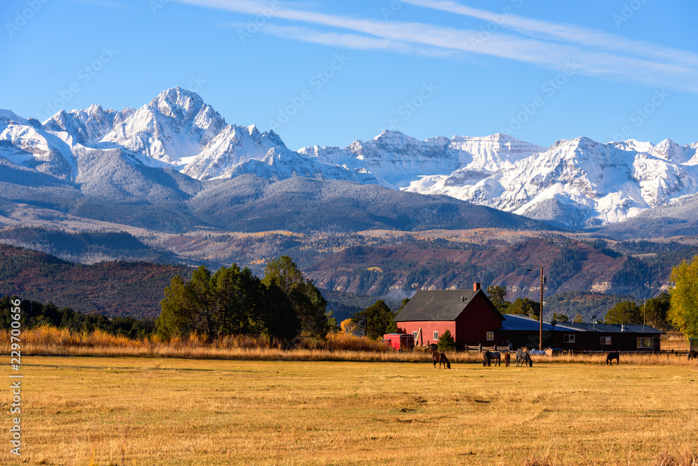 Moring View Of Ranch with Snowcapped Mountain Ranges, Telluride, USA