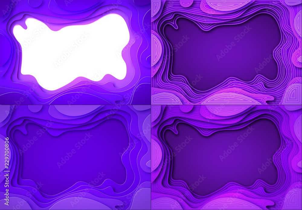 Set From the paper violet shades with smooth transitions and white, dark lines. are cut out. Place for ad announcement. abstract art of carving. illustration Set From the paper violet shades with smooth transitions and white, dark lines. are cut out. Place for ad announcement. abstract art of carving. illustration