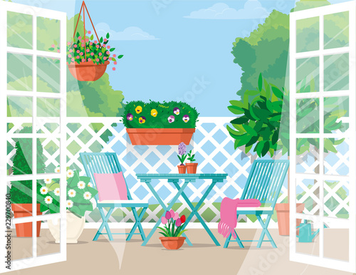 Vector flat illustration. Expanded doors to the balcony with furniture and pots of flowers.