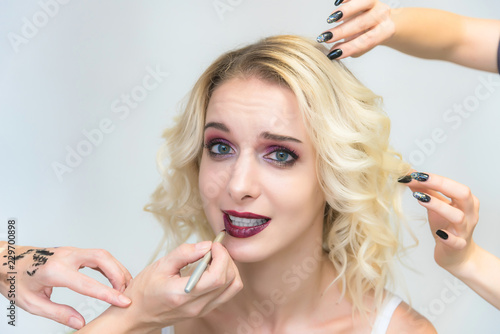 The work of a professional makeup artist - beautician, makes up a brush on the face on the lips of a beautiful blonde.