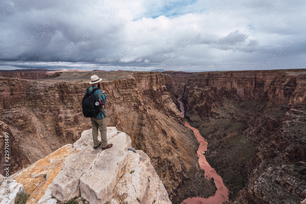 Man standing on peak of Grand Canyon