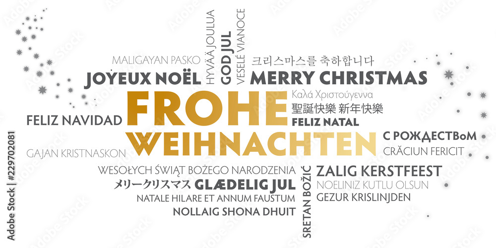 Weihnachtskarte Frohe Weihnachten mehrsprachig gold weiß  schwarz