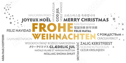 Weihnachtskarte Frohe Weihnachten mehrsprachig gold weiß  schwarz
