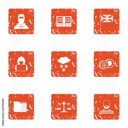 Judge icons set. Grunge set of 9 judge vector icons for web isolated on white background
