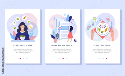 Vegetarianism and dieting concept banner set, mobile app templates. Vector illustration of young woman eating healthy vegetarian salad.