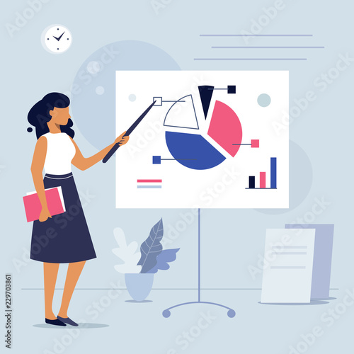 Confident young woman gives a report, businesswoman standing near flip chart and shows graphics, Office interior, Business presentation concept vector illustration