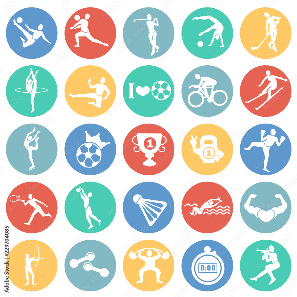 Sport disciplines set on color circles background icons