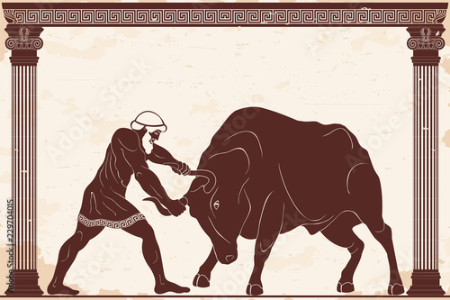 Hercules tames the Cretan bull. 12 exploits of Hercules. Figure on a beige background with the aging effect.