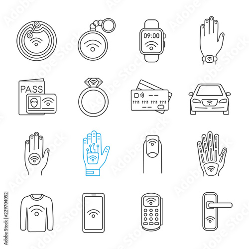 NFC technology linear icons set