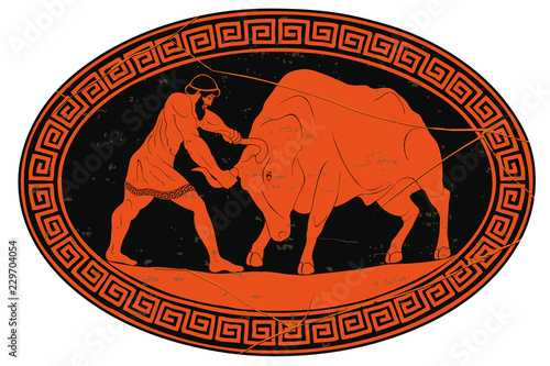 Hercules tames the Cretan bull. 12 exploits of Hercules. Oval medallion isolated on a white background.