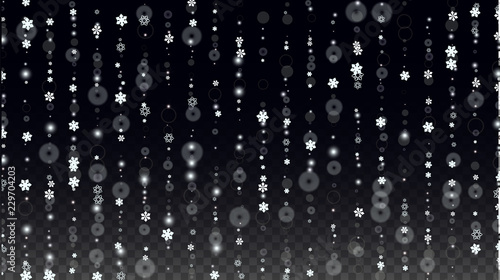 Christmas Vector Background with White Falling Snowflakes Isolated on Transparent Background. Realistic Snow Sparkle Pattern. Snowfall Overlay Print. Winter Sky. Design for Party Invitation. © Feliche _Vero