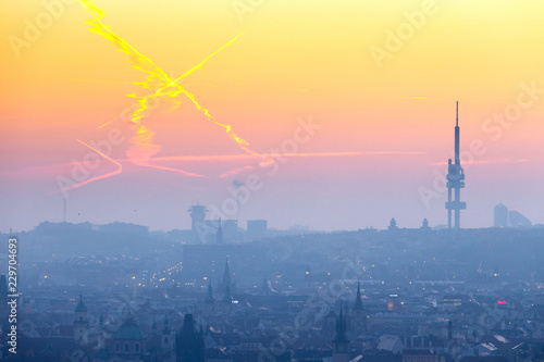 Zizkov television tower, at sunrise, Lesser Town (UNESCO), Prague, Czech republic #229704693