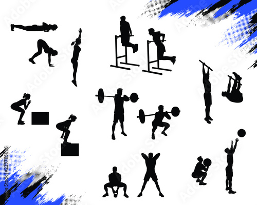 Athlete silhouettes doing different crossfit exercises and working out isolated on white. Burpee, front squat, toes to bar, box jump, wallball, kettlebell sumo pull, dips. Vector for web and print.