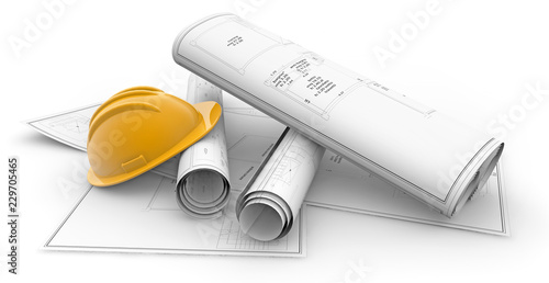 Billede på lærred blueprints rolled up and hardhat isolated on white background