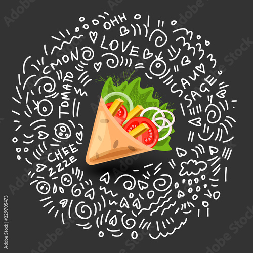 Tortilla wrap vector cartoon illustration. Mexican burritos with french fries and vegetables Icon. Mexican Wraps Wrapped tortilla and burrito with vegetables isolated on black with doodle decor around