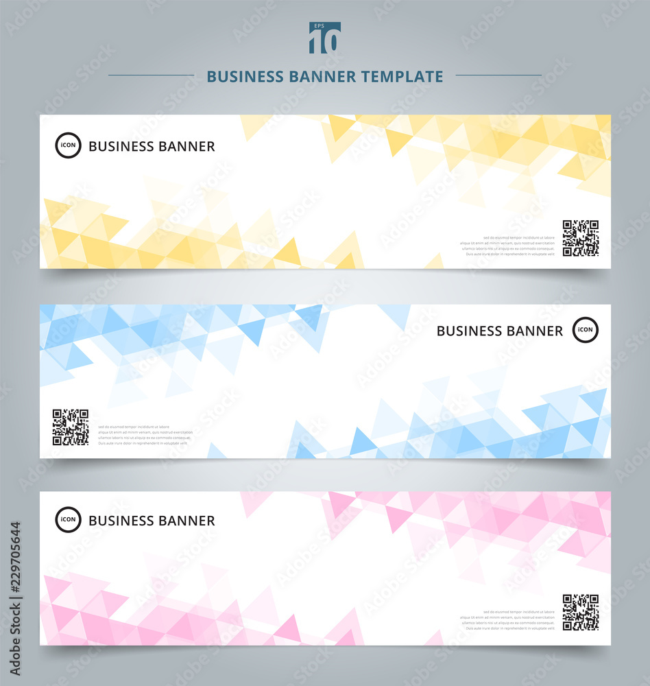 Set of abstract banner template yellow, blue, pink pastel color triangles geometric pattern on white background.