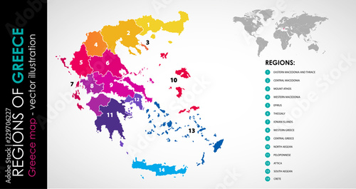 Vector map of Greece regions beautiful colours 