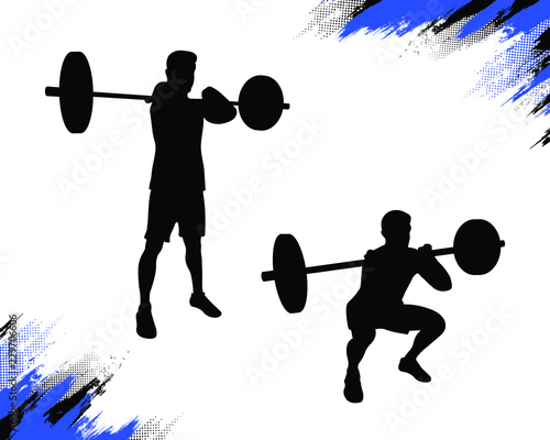 Strong male silhouette doing front squat crossfit exercise with barbell. Free weights strength training. Olympic weightlifting athlete. Vector illustration for web and printing.