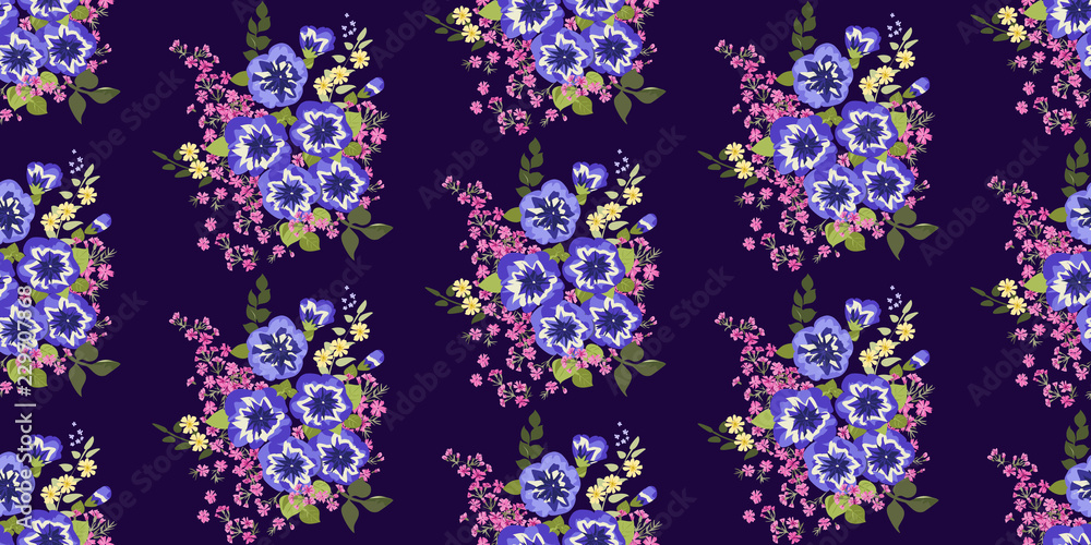 Simple cute pattern in small-scale flowers of petunias. Millefleurs. Regular order. Floral seamless background for textile or book covers, manufacturing, wallpapers, print, gift wrap and scrapbooking. Simple cute pattern in small-scale flowers of petunias. Millefleurs. Regular order. Floral seamless background for textile or book covers, manufacturing, wallpapers, print, gift wrap and scrapbooking.
