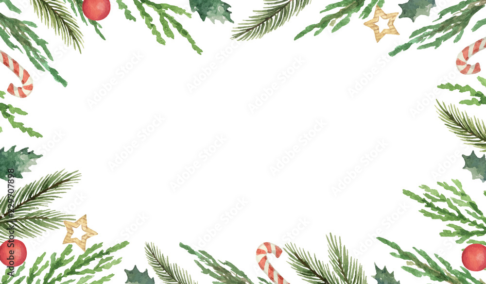 Watercolor vector Christmas frame with fir branches and place for text.
