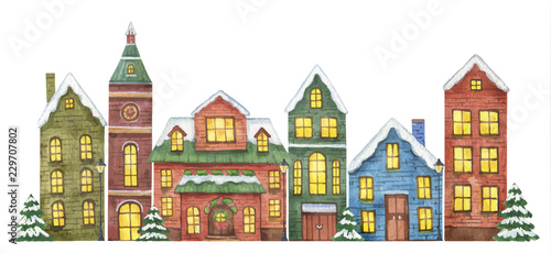 Winter vector illustration with houses isolated on white background.