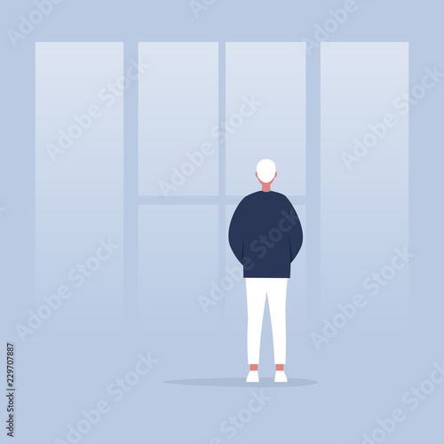 Contemplate. Meditate. Harmony. Young calm character looking through the window. Back view. Conceptual illustration, clip art