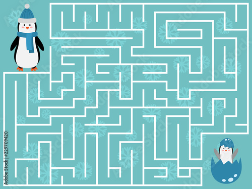 Winter educational maze game for kids. Help the penguin find the right way to his baby. Arctic animals. Flat style vector illustration.
