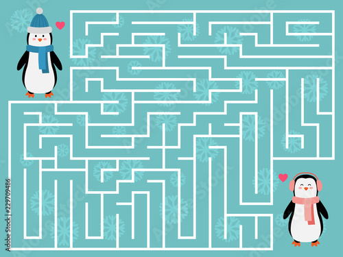 Winter maze game for kids. Help the penguin find the right way to his girlfriend. Valentine's Day. Arctic animals. Flat style vector illustration.