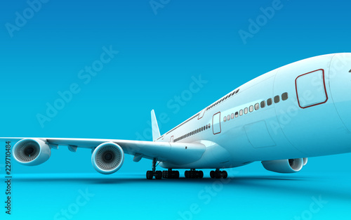 3D illustration. Front view of the left side of airplane Airbus A380 stands still isolated on blue background. Perspective
